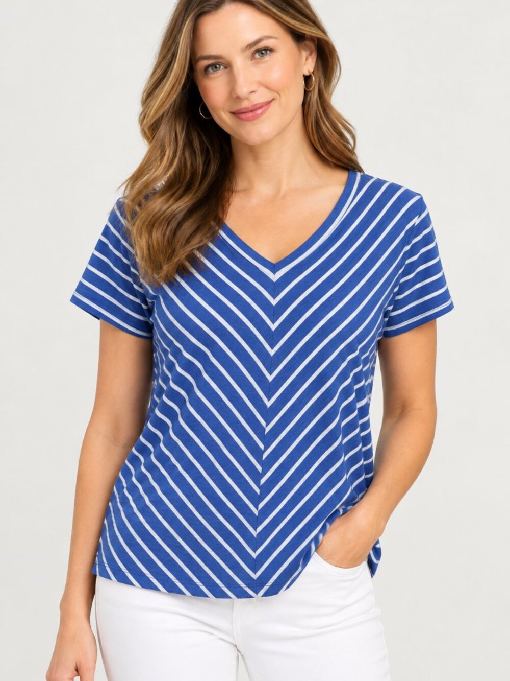Talbots Blue and White Striped V-Neck Tee Size Large Petite